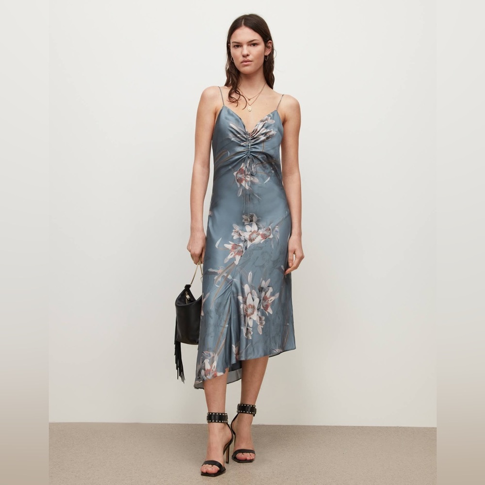 All Saints Blue Floral Satin Slip Dress
